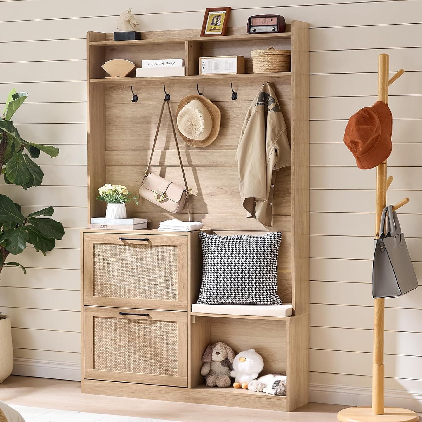 78" Tall Boho Hall Tree with Bench & Shoe Storage, 4-In-1 Mudroom Coat Rack with 2 Flip Rattan Drawers & Cushioned Stool, Entryway Hall Tree Cabinet with 6 Hooks for Garage, Natural Oak