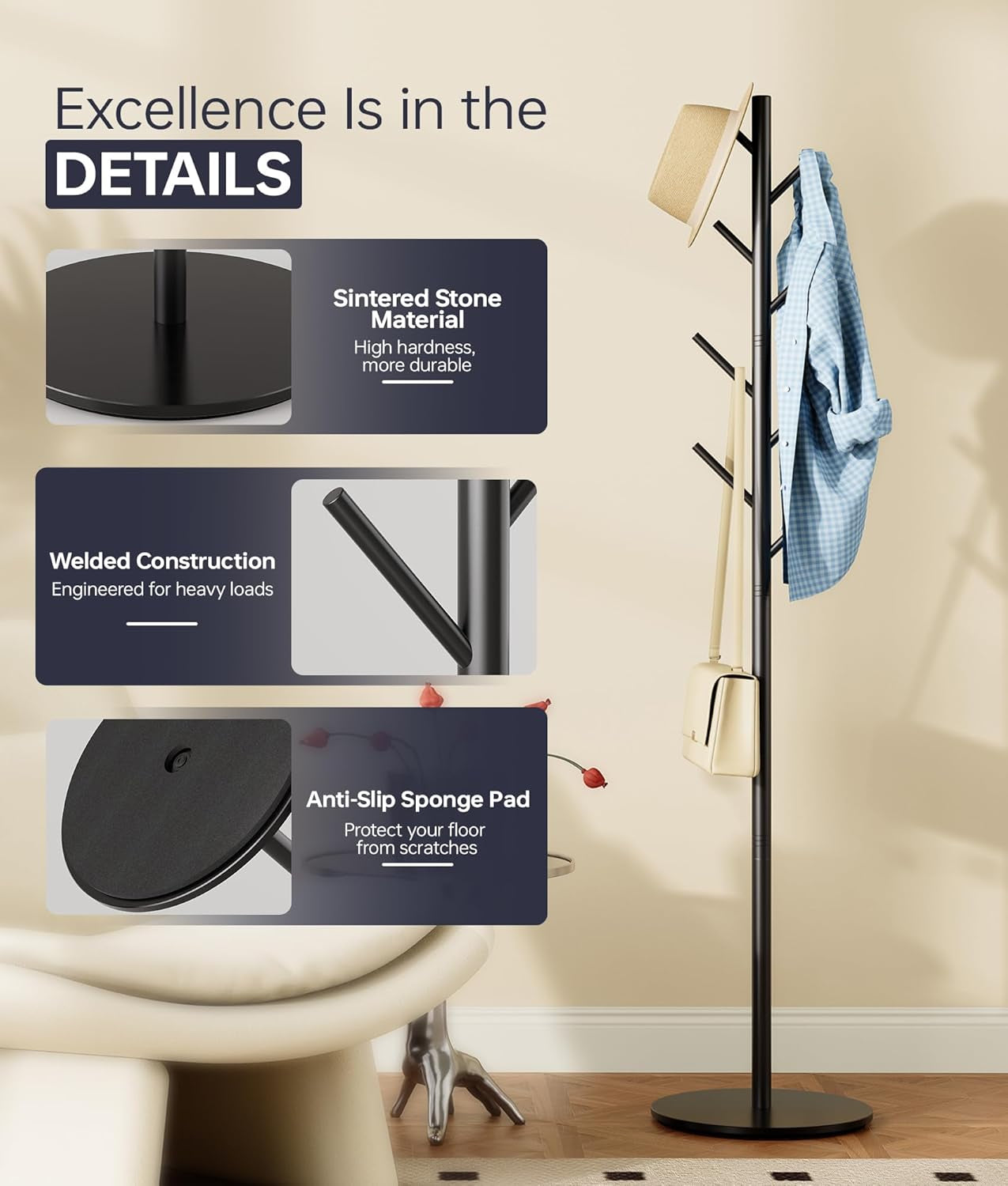 Coat Rack with 8 Hooks, Modern Hall Tree, Sturdy Metal Clothes Stand & Sintered Stone Base for Entryway, Office, Bedroom, Stable Storage in Coats, Hats, Handbags and Scarves, Black