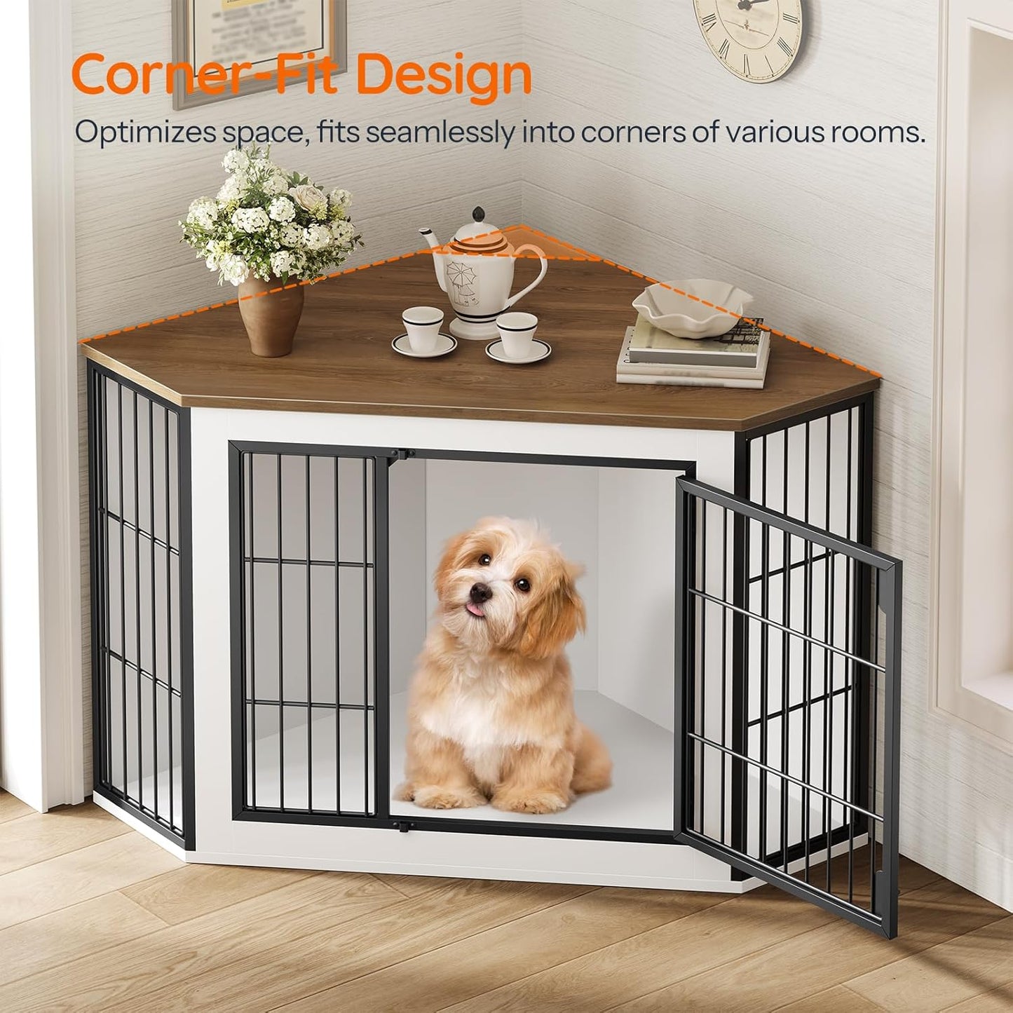Corner Dog Crate Furniture, Decorative Dog Kennel End Table, Farmhouse Dog Crate TV Stand for Small and Medium Dogs, Walnut, White and Black BWH90GW03
