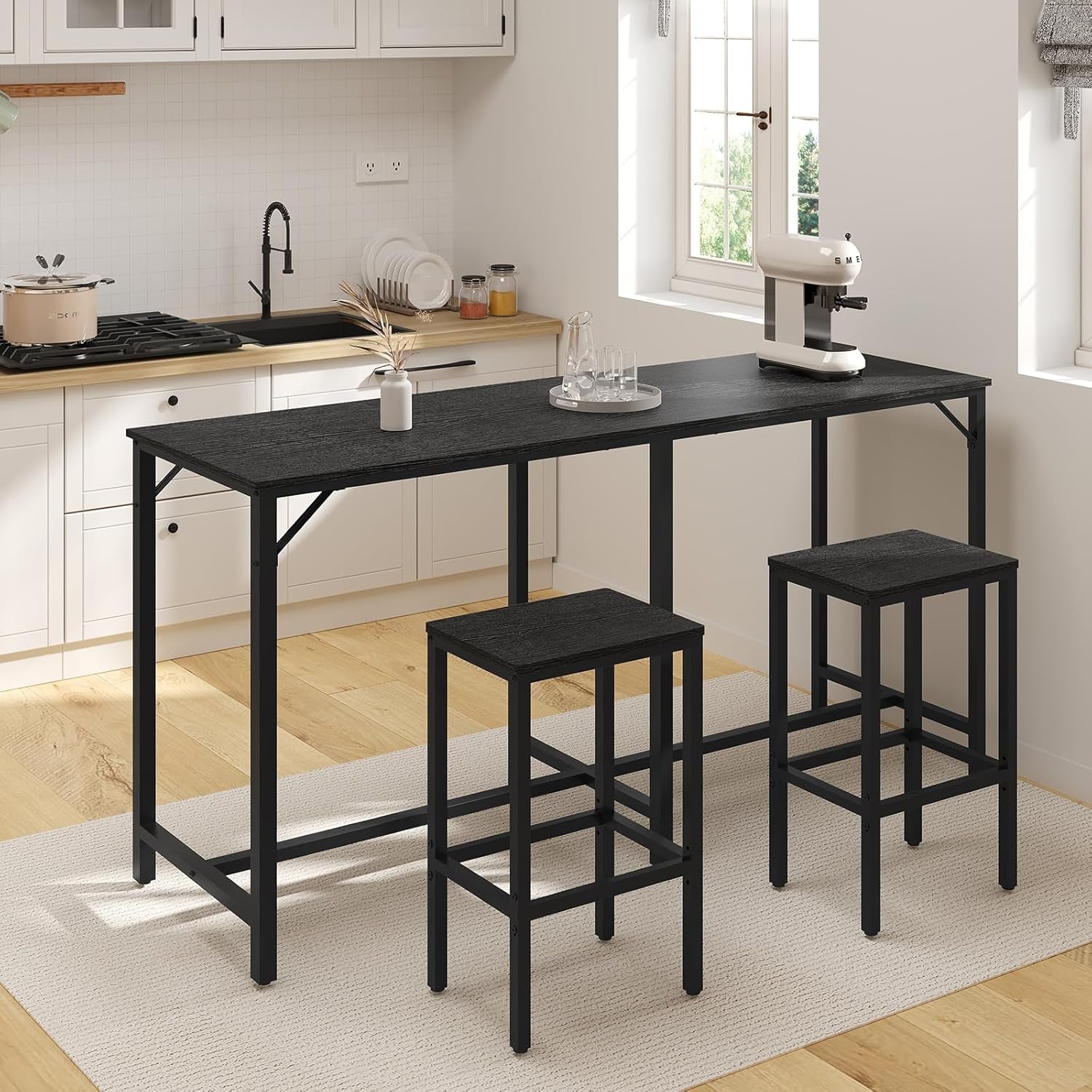 70.9" Bar Table and Chairs Set, Dining Table and Chair Sets, 3 Piece Counter Height Table and 2 Stools, Kithcen Table for Home Restaurant, Bar, Black BT09BB