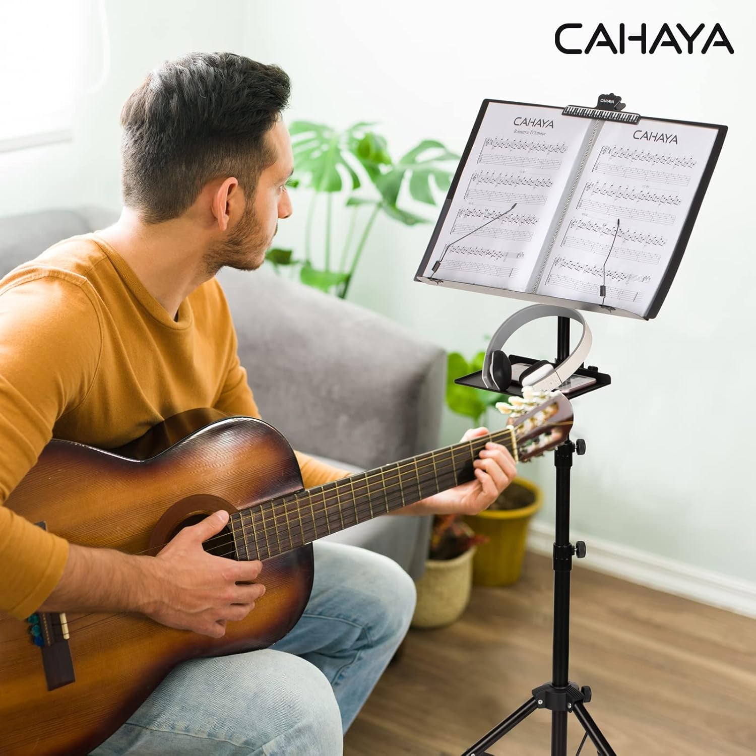 Dual Use Sheet Music Stand with Clamp-On Tray & Desktop Book Stand with Carrying Bag, Sheet Music Folder, Music Stand with Shelf, and Clip for Guitar, Ukulele, Violin Players CY0194+CY0320