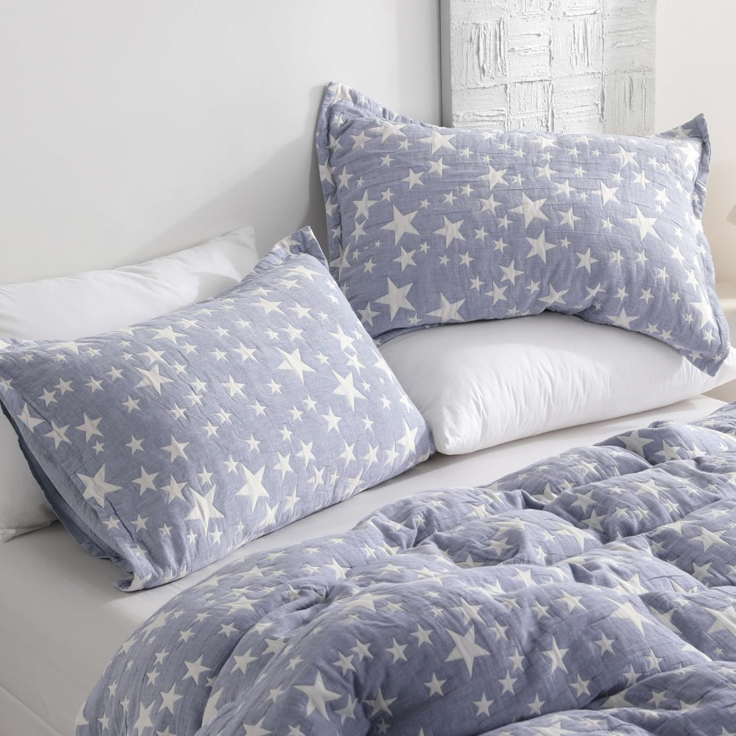 Cotton Standard Pillow Shams, 3 Layer Muslin Breathable Soft Thermal Yarn Dyed Sham Covers, 2 Pack 20X26 Oxford Pillowcases with Envelope Closure, Blue Stars