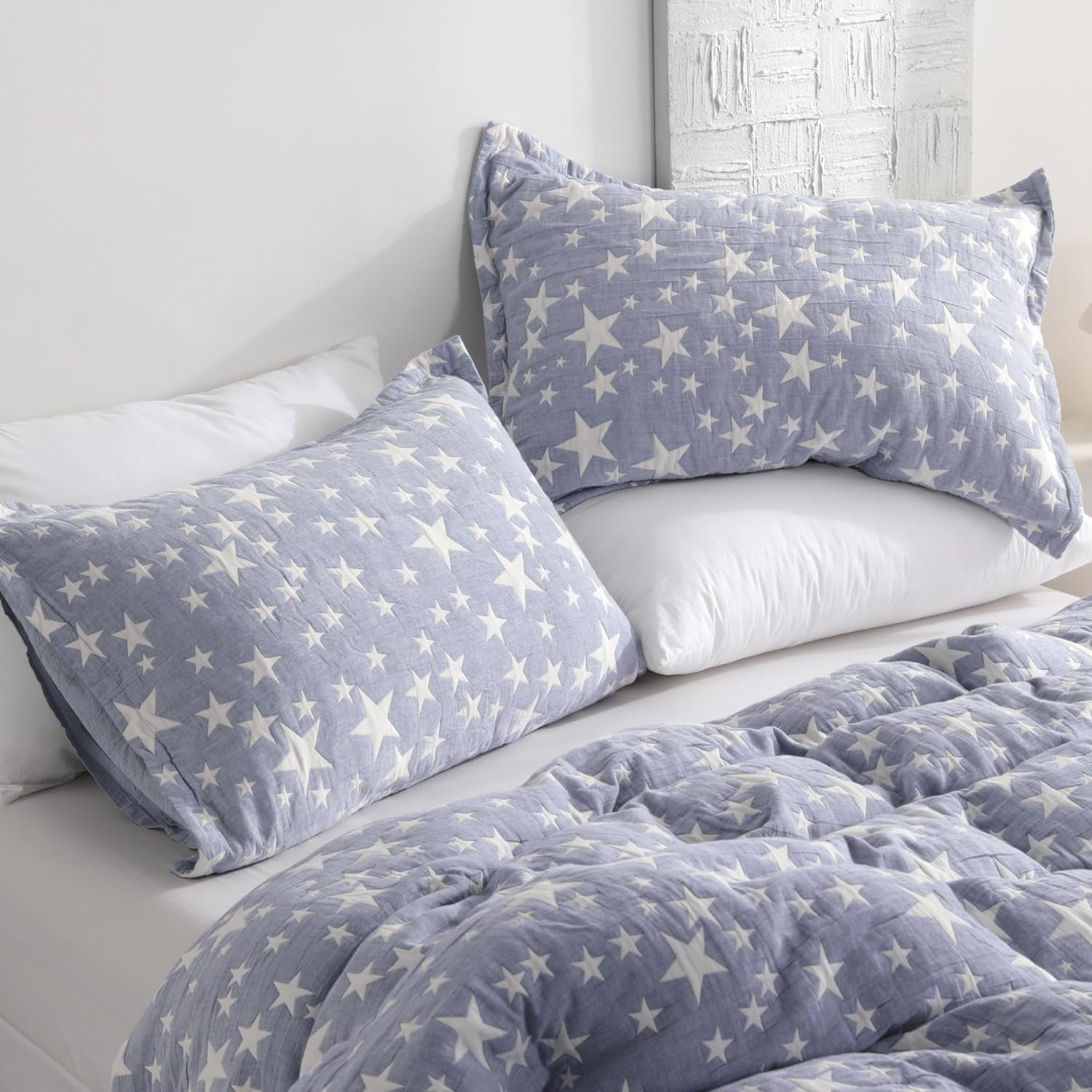 Cotton Standard Pillow Shams, 3 Layer Muslin Breathable Soft Thermal Yarn Dyed Sham Covers, 2 Pack 20X26 Oxford Pillowcases with Envelope Closure, Blue Stars