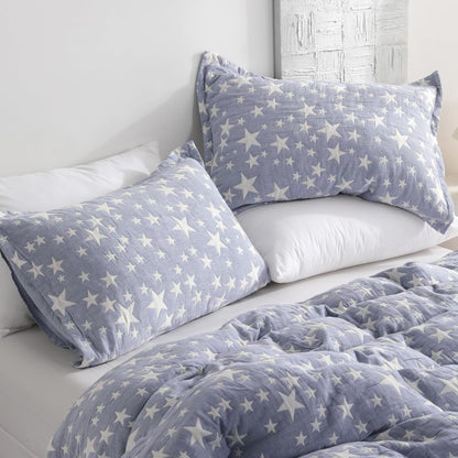 Cotton Standard Pillow Shams, 3 Layer Muslin Breathable Soft Thermal Yarn Dyed Sham Covers, 2 Pack 20X26 Oxford Pillowcases with Envelope Closure, Blue Stars
