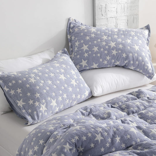 Cotton Standard Pillow Shams, 3 Layer Muslin Breathable Soft Thermal Yarn Dyed Sham Covers, 2 Pack 20X26 Oxford Pillowcases with Envelope Closure, Blue Stars