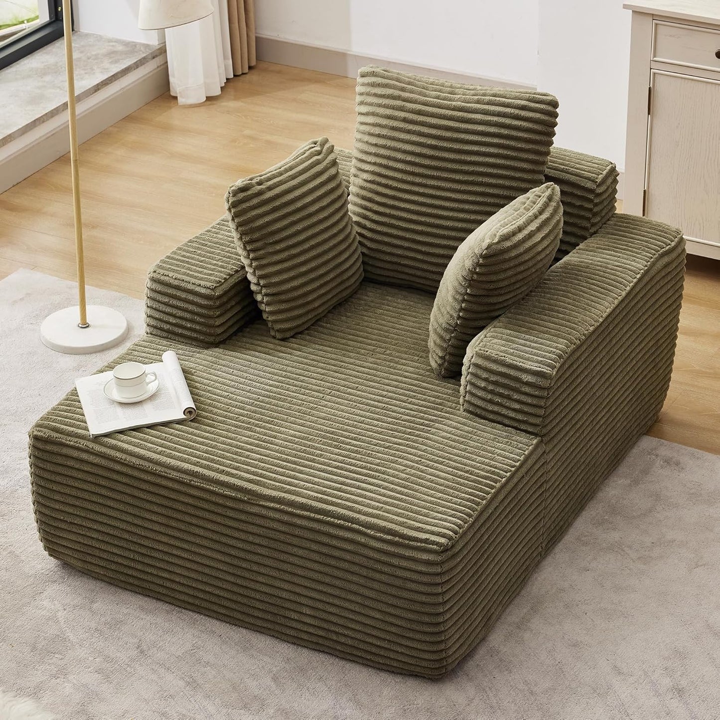 43"W Chaise Lounge Sofa Chair Indoor, Small Boneless Couches for Small Spaces, Fluffy Comfy Cloud Sofa in a Box, Compression Foam Sleeper Sofa for Living Room&Apartment, Plush Corduroy (Green)