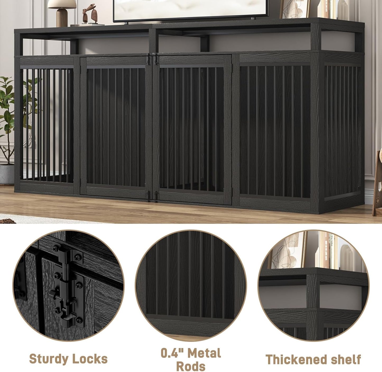 87In Farmhouse Dog Crate TV Stand, Wooden Dog Kennel Furniture with 2 Doors, Large Dog Crate Furniture for 2 Dogs, Solid Metal Tube & 4 Lockable Doors, Black