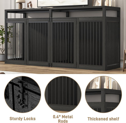 87In Farmhouse Dog Crate TV Stand, Wooden Dog Kennel Furniture with 2 Doors, Large Dog Crate Furniture for 2 Dogs, Solid Metal Tube & 4 Lockable Doors, Black