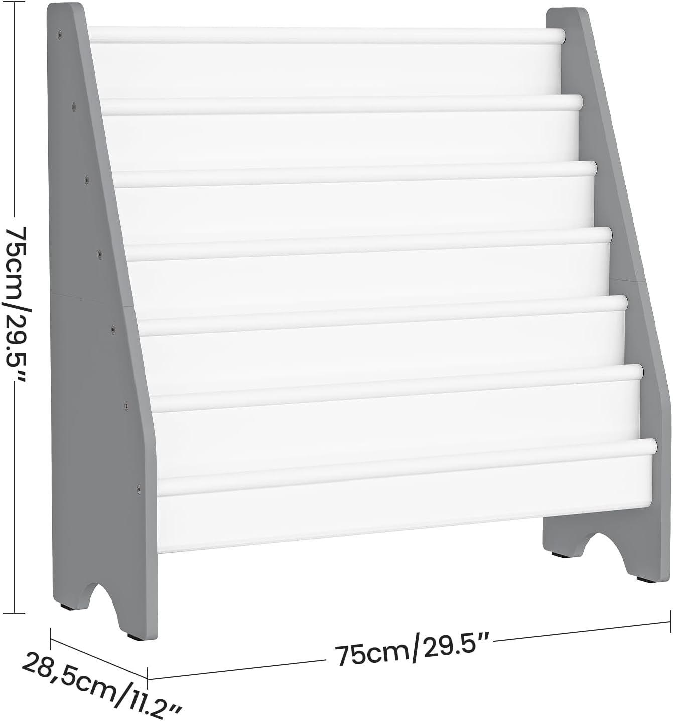 6-Tier Kids Bookshelf, Book Shelf for Kids Room, Sling Bookcase, Magazine and Book Storage Rack, Large Capacity Book Organizer for Nursery, Bedroom, Playroom, White and Gray MCW07WG