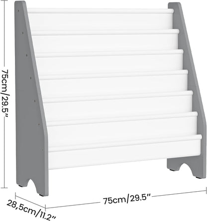 6-Tier Kids Bookshelf, Book Shelf for Kids Room, Sling Bookcase, Magazine and Book Storage Rack, Large Capacity Book Organizer for Nursery, Bedroom, Playroom, White and Gray MCW07WG