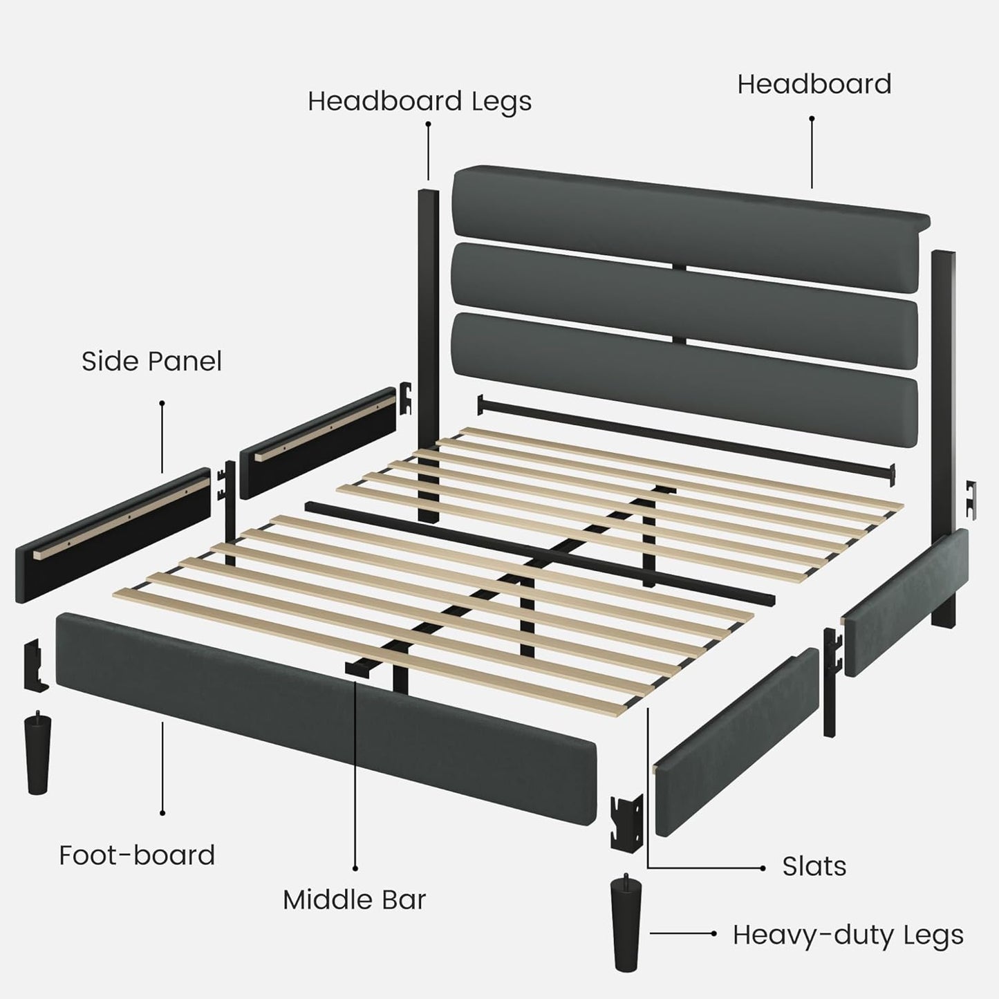 Queen Size Bed Frame, Platform Bed Frame with Velvet Upholstered Headboard, No Box Spring Needed, Sturdy Metal Support, Noise Free, Easy Assembly, Grey