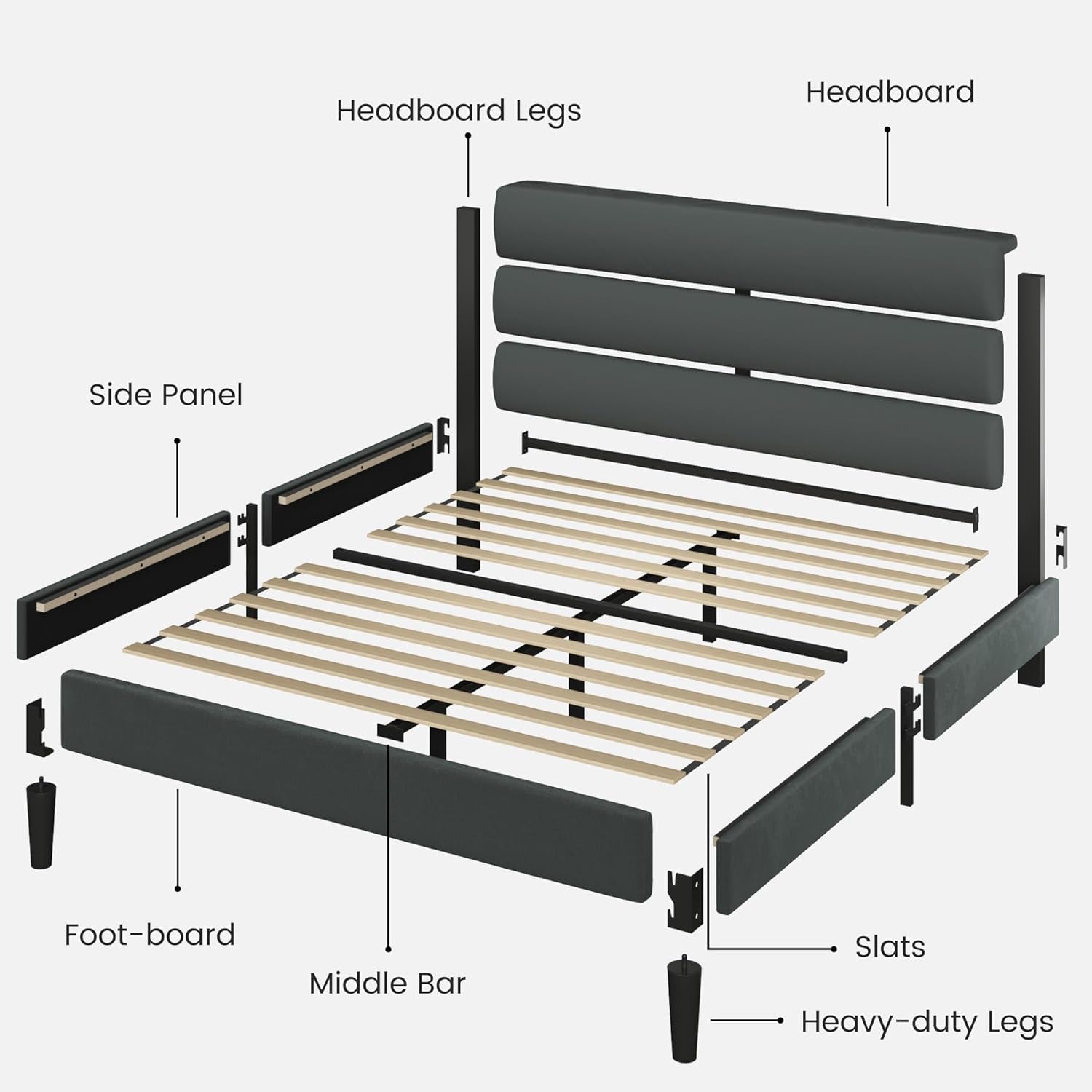 Queen Size Bed Frame, Platform Bed Frame with Velvet Upholstered Headboard, No Box Spring Needed, Sturdy Metal Support, Noise Free, Easy Assembly, Grey