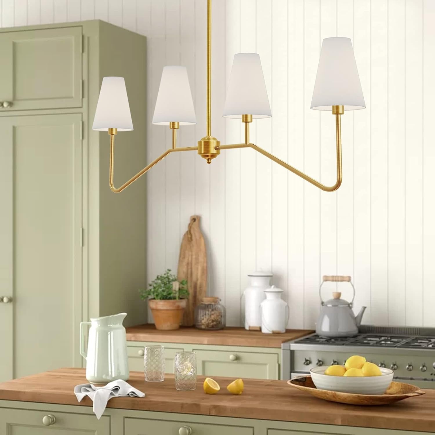 ;47" W 4-Light Linear Kitchen Island Lighting Fixture Classic Chandeliers Polished Gold with White Linen Shades for Dining Table,E12,160W