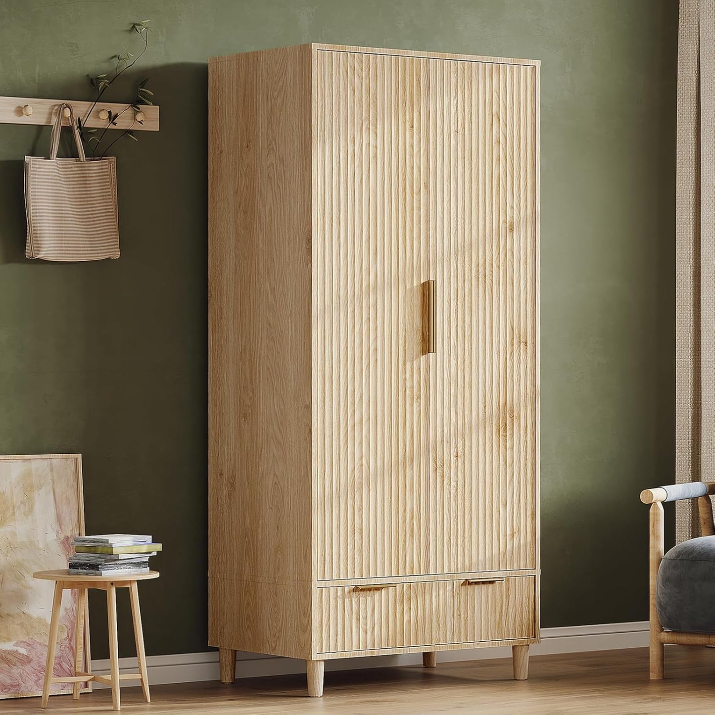 Fluted Wardrobe Closet Armoire with Doors and Drawers, Wardrobe Cabinet with Hanging Rack, Bedroom Closet Wood, Oak Free Standing Armoire with Shelf and Solid Wood Legs, 31.5"W*19.7"D*69.3"H