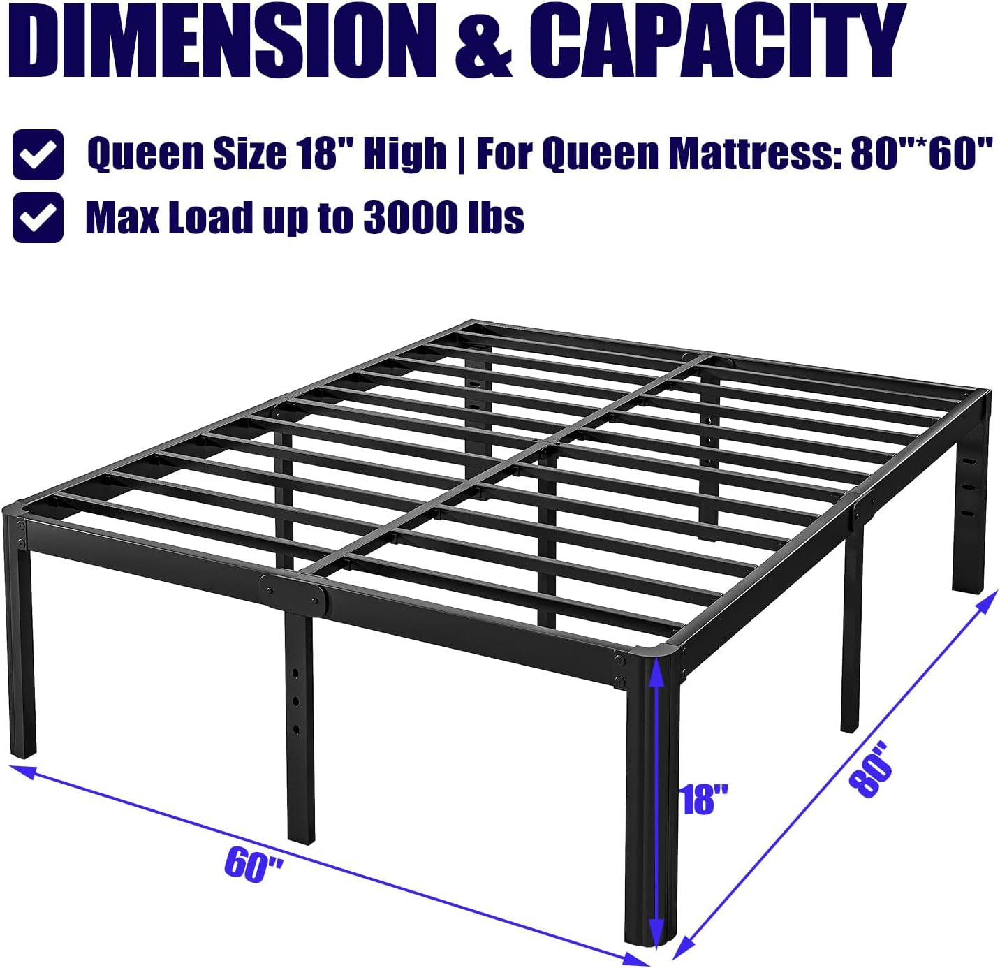 18In High Queen Bed Frame No Box Spring Needed, Heavy Duty Metal Platform Bed Frame Queen Size with round Corners, Easy Assembly, Noise Free, Black