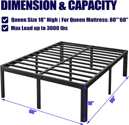 18In High Queen Bed Frame No Box Spring Needed, Heavy Duty Metal Platform Bed Frame Queen Size with round Corners, Easy Assembly, Noise Free, Black