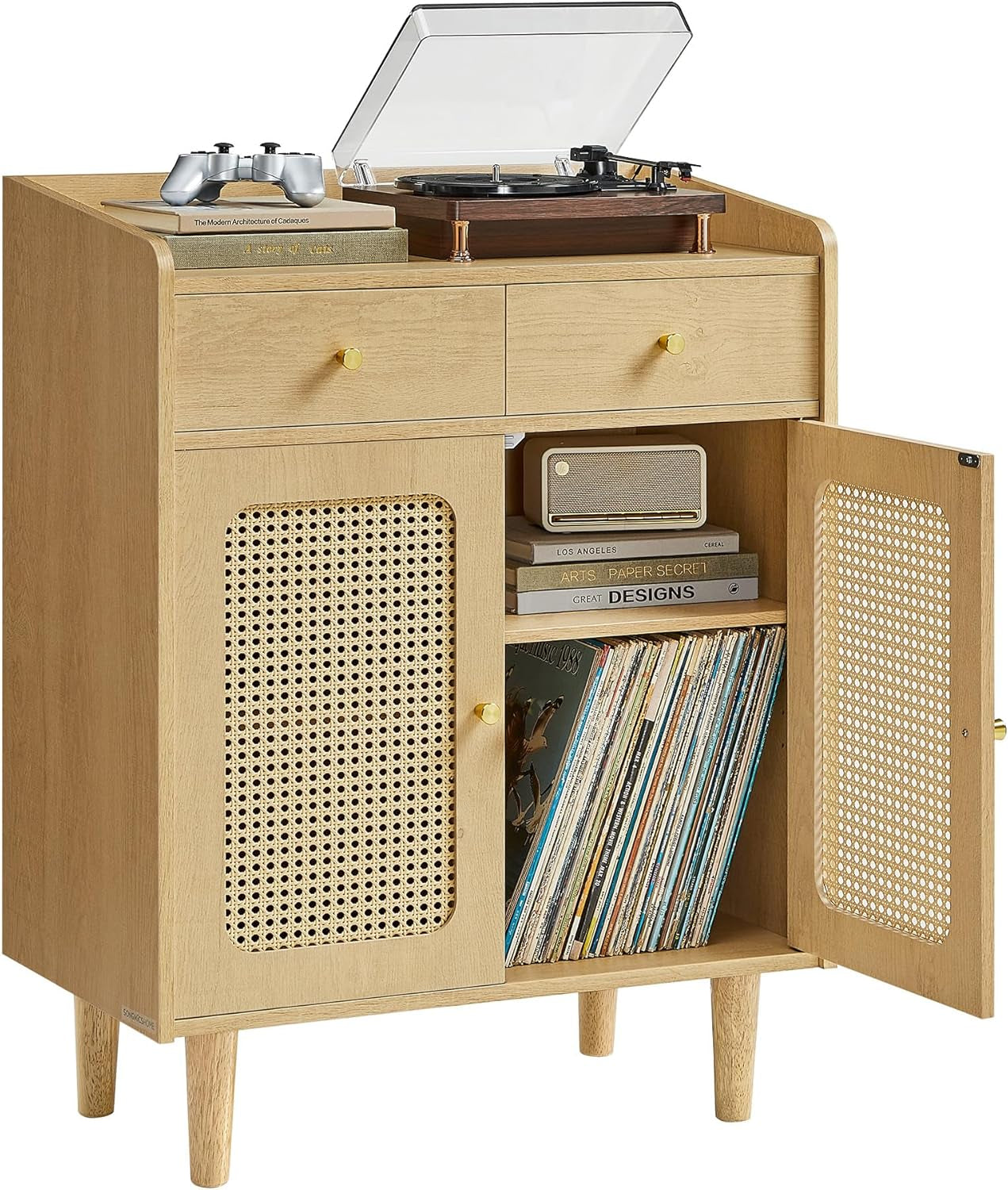 BOHOVEN Collection - Buffet Cabinet, Sideboard Storage Cabinet with Rattan-Like Doors and Drawers, Accent Cabinet, Adjustable Shelf, Boho Style, for Living Room, Oak Beige