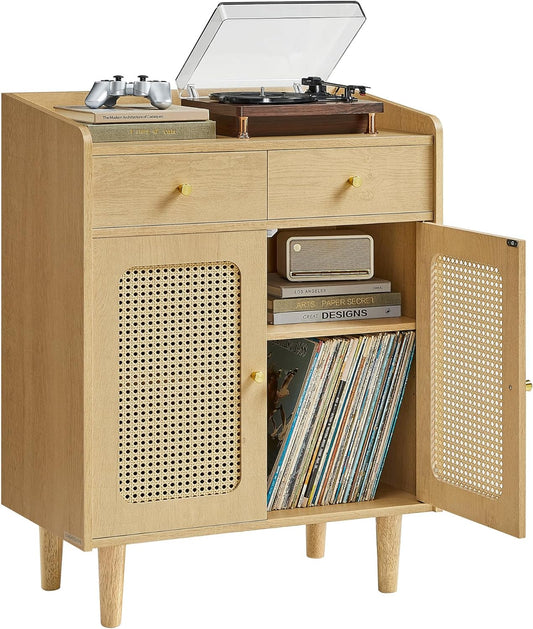 BOHOVEN Collection - Buffet Cabinet, Sideboard Storage Cabinet with Rattan-Like Doors and Drawers, Accent Cabinet, Adjustable Shelf, Boho Style, for Living Room, Oak Beige