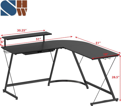 51 X 51 Inches Vista L-Shaped Desk with Monitor Stand and Drawer, Black