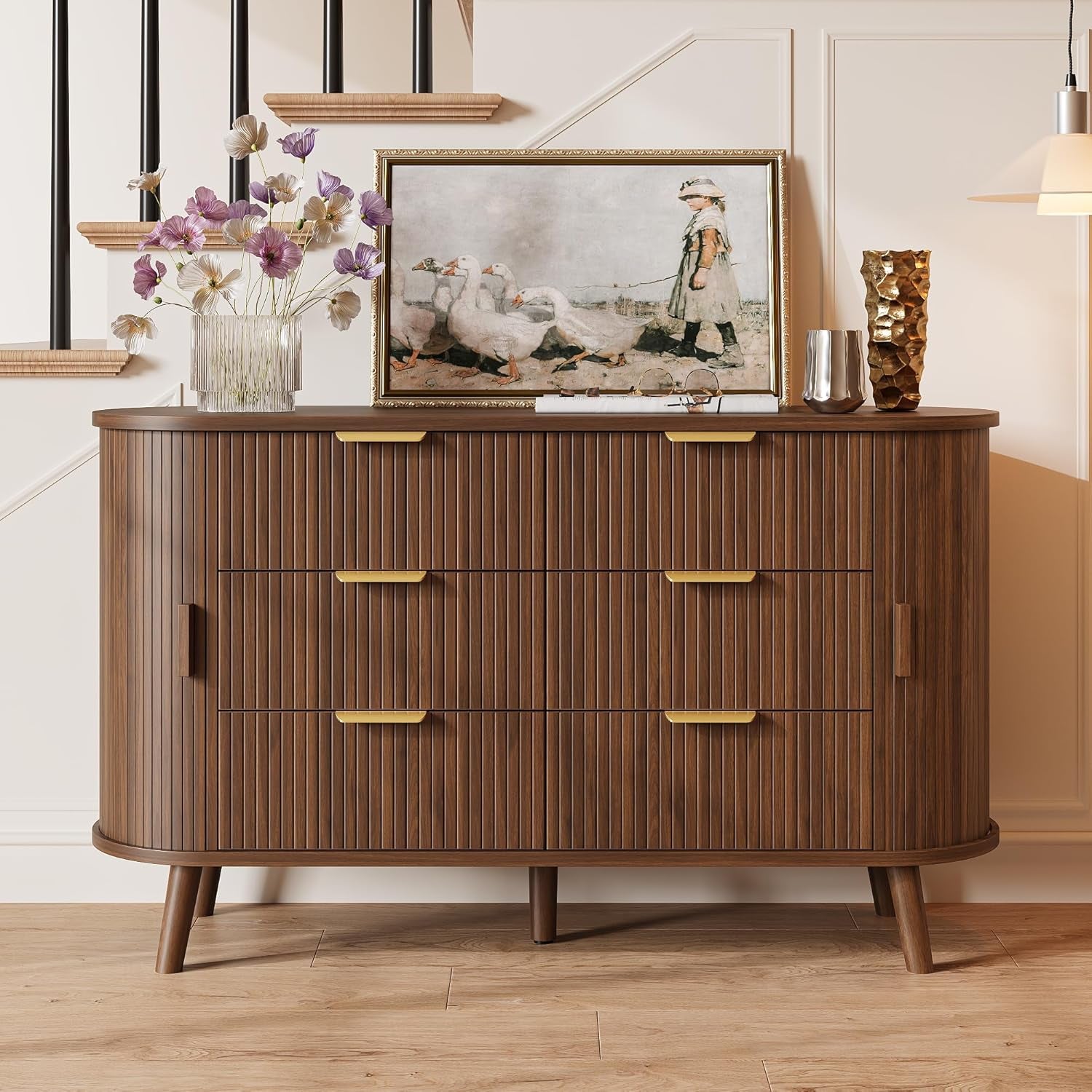 Fluted 6 Drawers Dresser, 55'' Wide Mid Century Modern Chest of Drawers with Sliding Door & Metal Handles, Curved Profile & Sturdy Legs, Wood TV Stand for Bedroom, Living Room (Walnut)