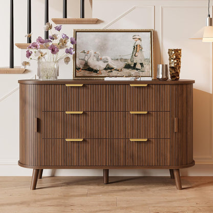 Fluted 6 Drawers Dresser, 55'' Wide Mid Century Modern Chest of Drawers with Sliding Door & Metal Handles, Curved Profile & Sturdy Legs, Wood TV Stand for Bedroom, Living Room (Walnut)
