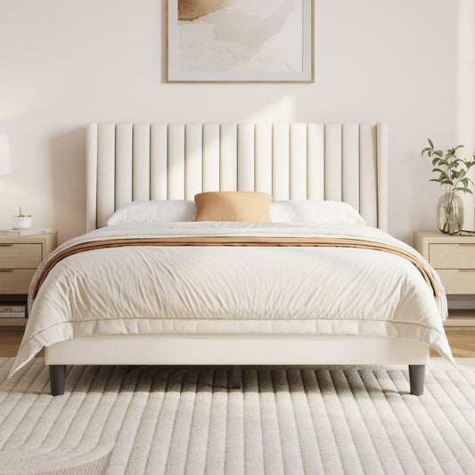 Yaheetech Queen Bed Frame Upholstered Platform Bed with Fabric Headboard, Wing Edge Design/Non-Slip and Noise-Free/Wooden Slats Support/No Box Spring Needed/Easy Assembly, Ivory Queen Bed