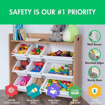 Toy Storage Organizer with Top Shelf and 9 Removable Bins, Natural/White – Toddler Bookshelf with Toy Organizer - Modern Toy Rack Ideal for Kids' Rooms, Playrooms, and Nurseries