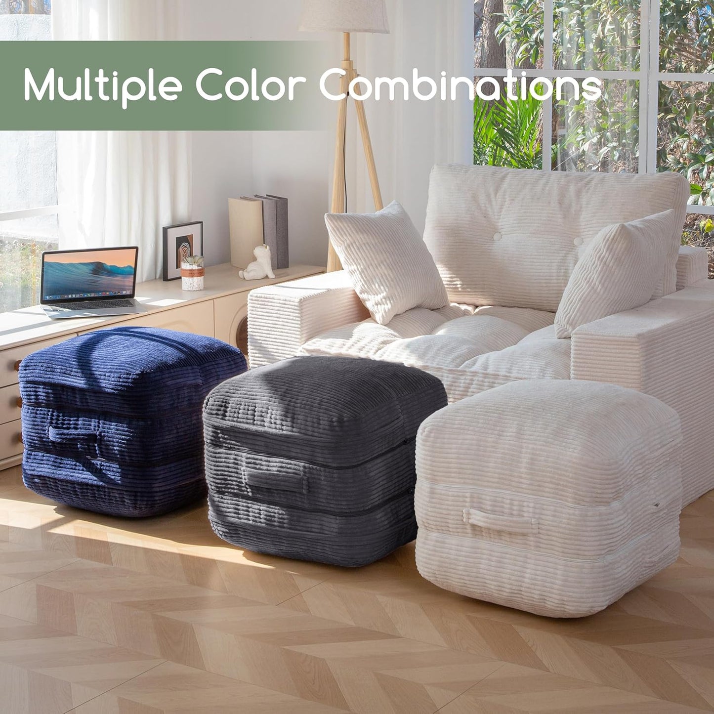 Pouf Ottoman Stuffed Square Modern Foam Filled Foot Rest Poufs 20 X 18 Inches Modular Ottomans Separated into Floor Cushions for Living Room Chair Decorative Stool, Dark Grey