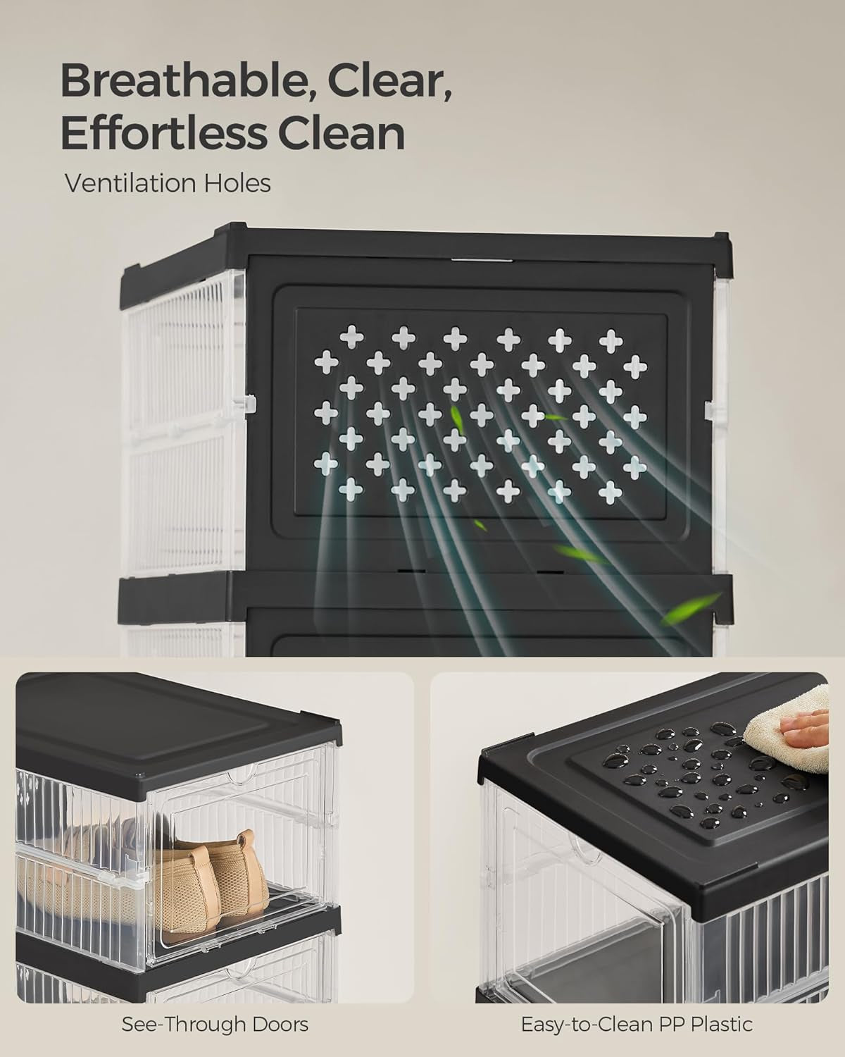 Foldable Shoe Boxes, Pack of 18 Stackable Shoe Storage Organizer, Set of 3 Integraed Shoe Cabinets, Portable, Fit up to US Size 13, 60S Assembly, Transparent and Ink Black ULSP207B01