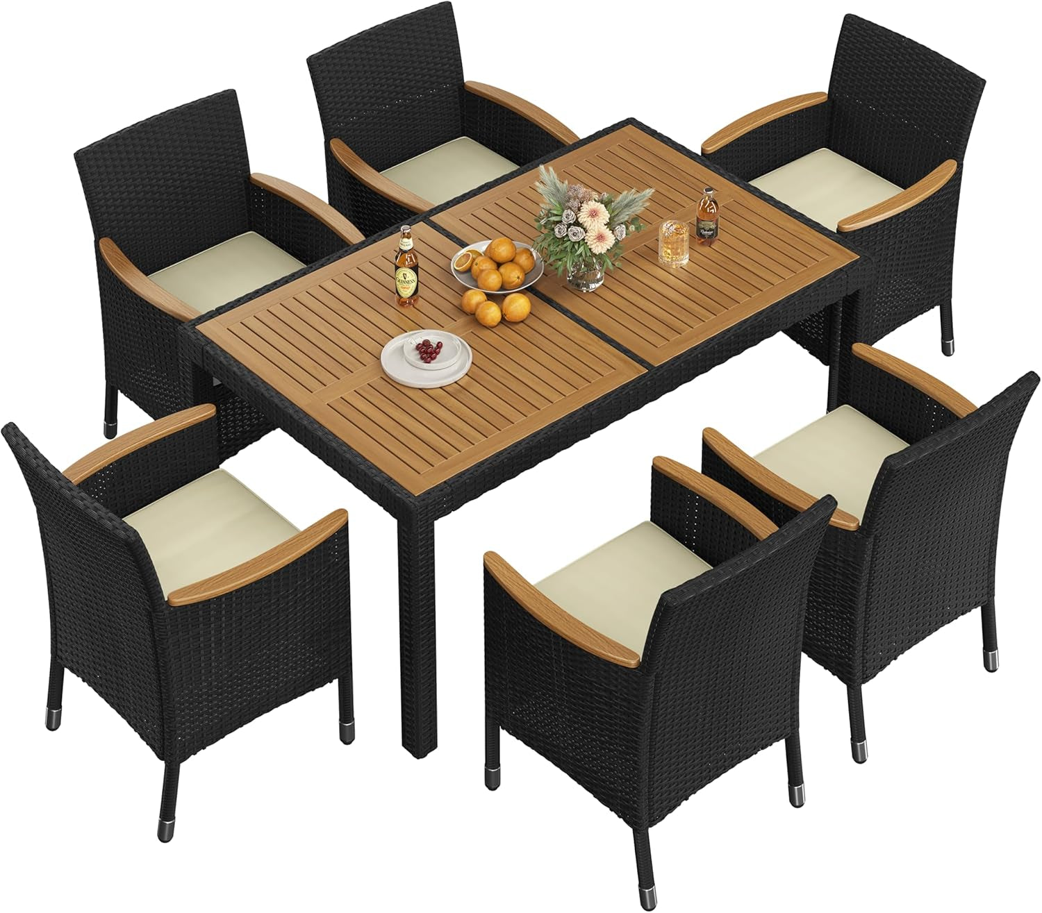 7 Piece Patio Furniture Set, Outdoor Dining Acacia Wood Table Top Rattan Conversation Set with Soft Cushions, 6 Chairs & 1 Table for Backyard, Deck, Garden & Yard, Black/Beige