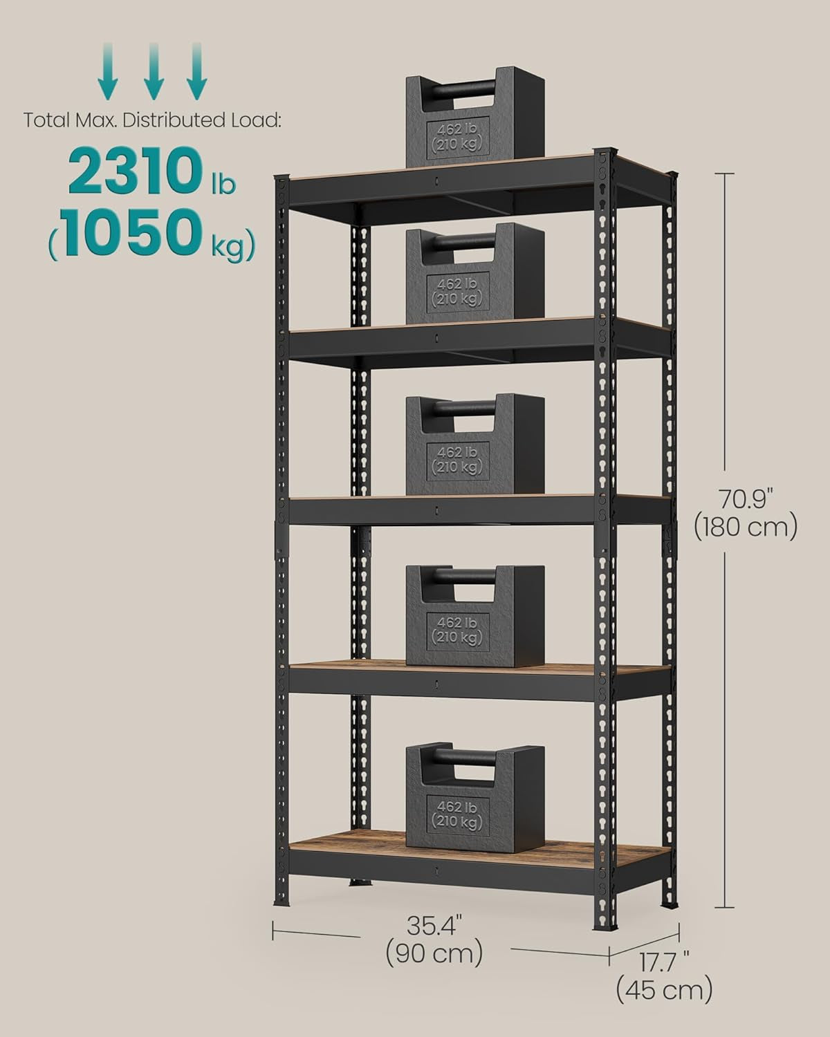 5-Tier Storage Shelves, Load 2310 Lb, Garage Storage, Boltless Assembly, Adjustable Shelving Unit, 17.7 X 35.4 X 70.9 Inches, for Study Shed Basement, Black and Rustic Brown UGLR450B11