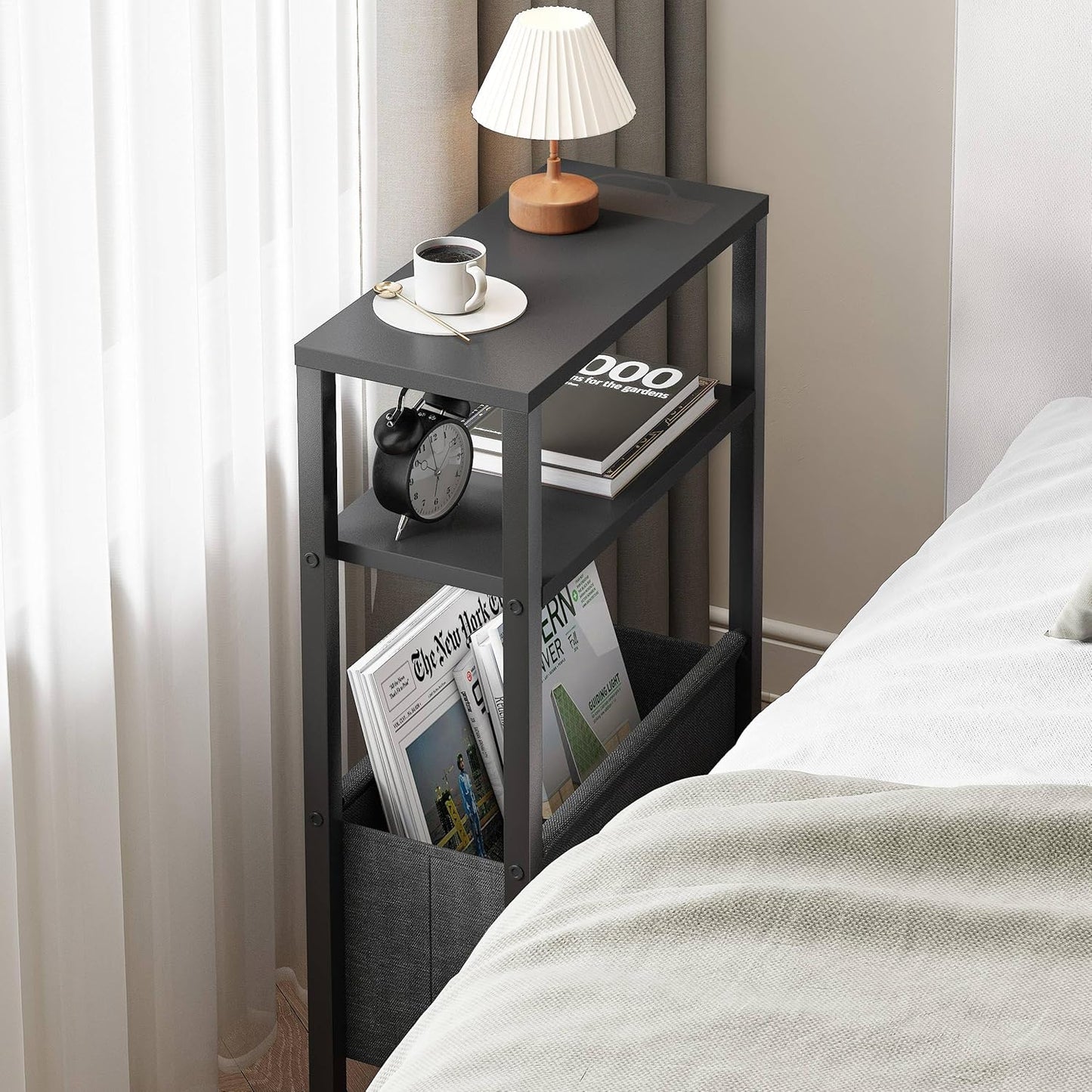 Narrow Side Table, Slim End Table with Magazine Rack, Bedside Table for Small Spaces, 3 Tier Sofa Couch Table Nightstand for Living Room, Bedroom Black LET503B