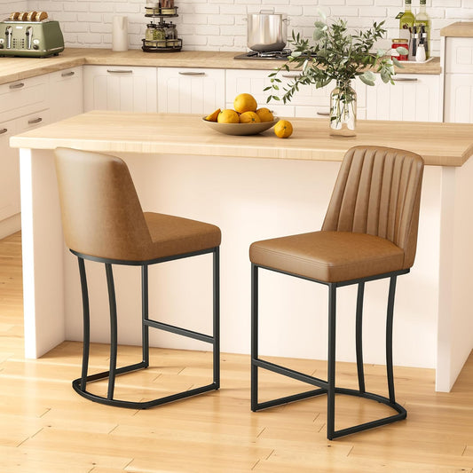 Counter Height Bar Stools Set of 2, Upholstered Leather Barrel Barstools with Back and Metal Legs for Kitchen Island, 27.4" Seat Height, Fabric in Faux Leather, Rustic Brown