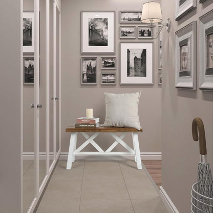 30" Farmhouse Wood Bench, Rustic Solid Wood Entryway Bench Seat with Double X-Structure for Dining Room, Living Room, Hallway, Structural Stability, White