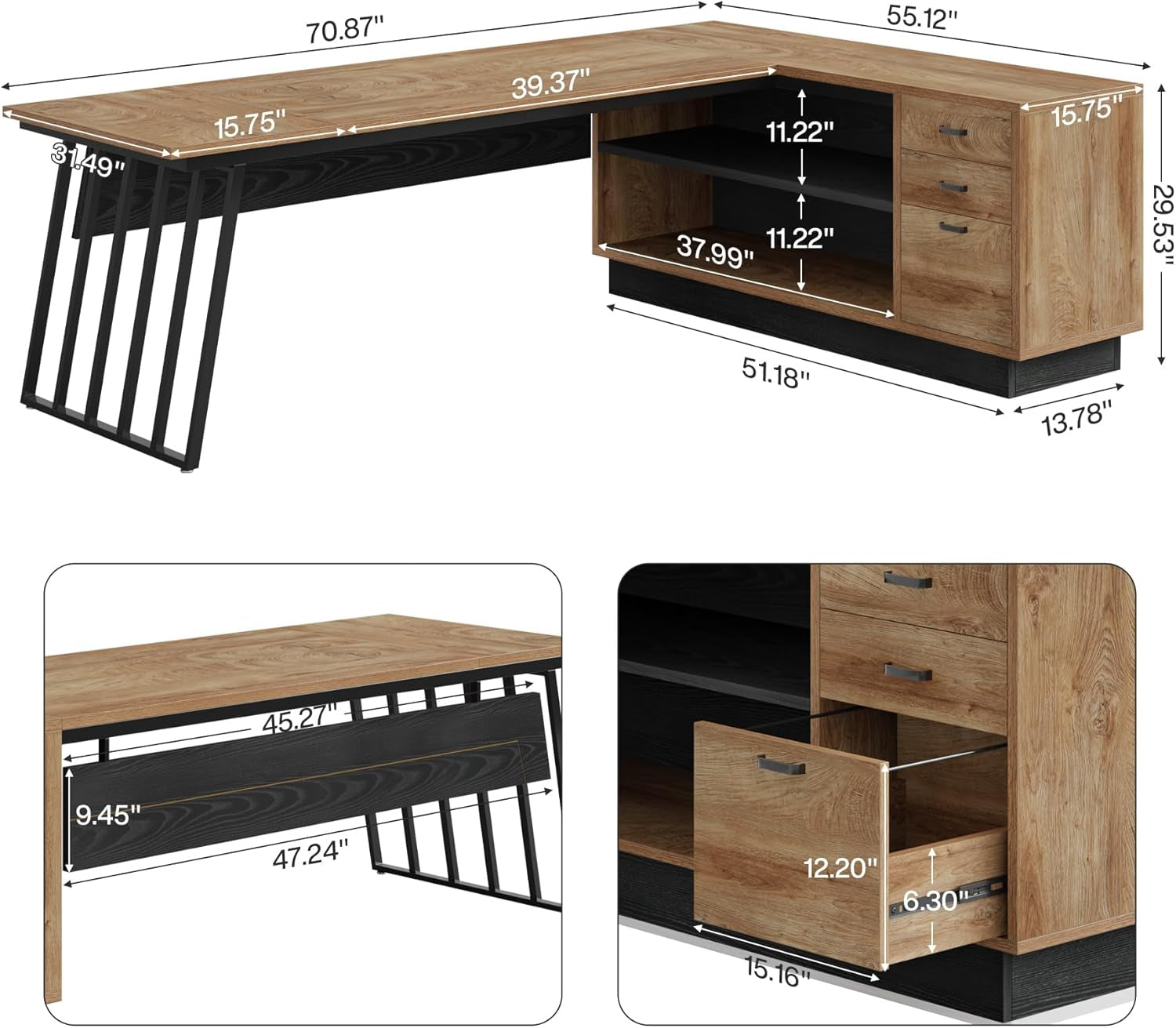 71-Inch Executive Desk, L-Shaped Desk with Cabinet, Large Office Desk with Drawers and Storage Shelves, Writing Table Computer Desk for Home Office, Oak and Black