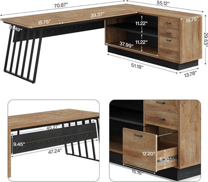 71-Inch Executive Desk, L-Shaped Desk with Cabinet, Large Office Desk with Drawers and Storage Shelves, Writing Table Computer Desk for Home Office, Oak and Black
