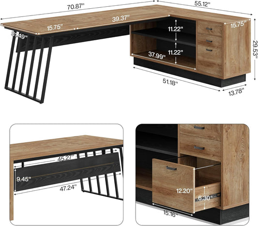 71-Inch Executive Desk, L-Shaped Desk with Cabinet, Large Office Desk with Drawers and Storage Shelves, Writing Table Computer Desk for Home Office, Oak and Black