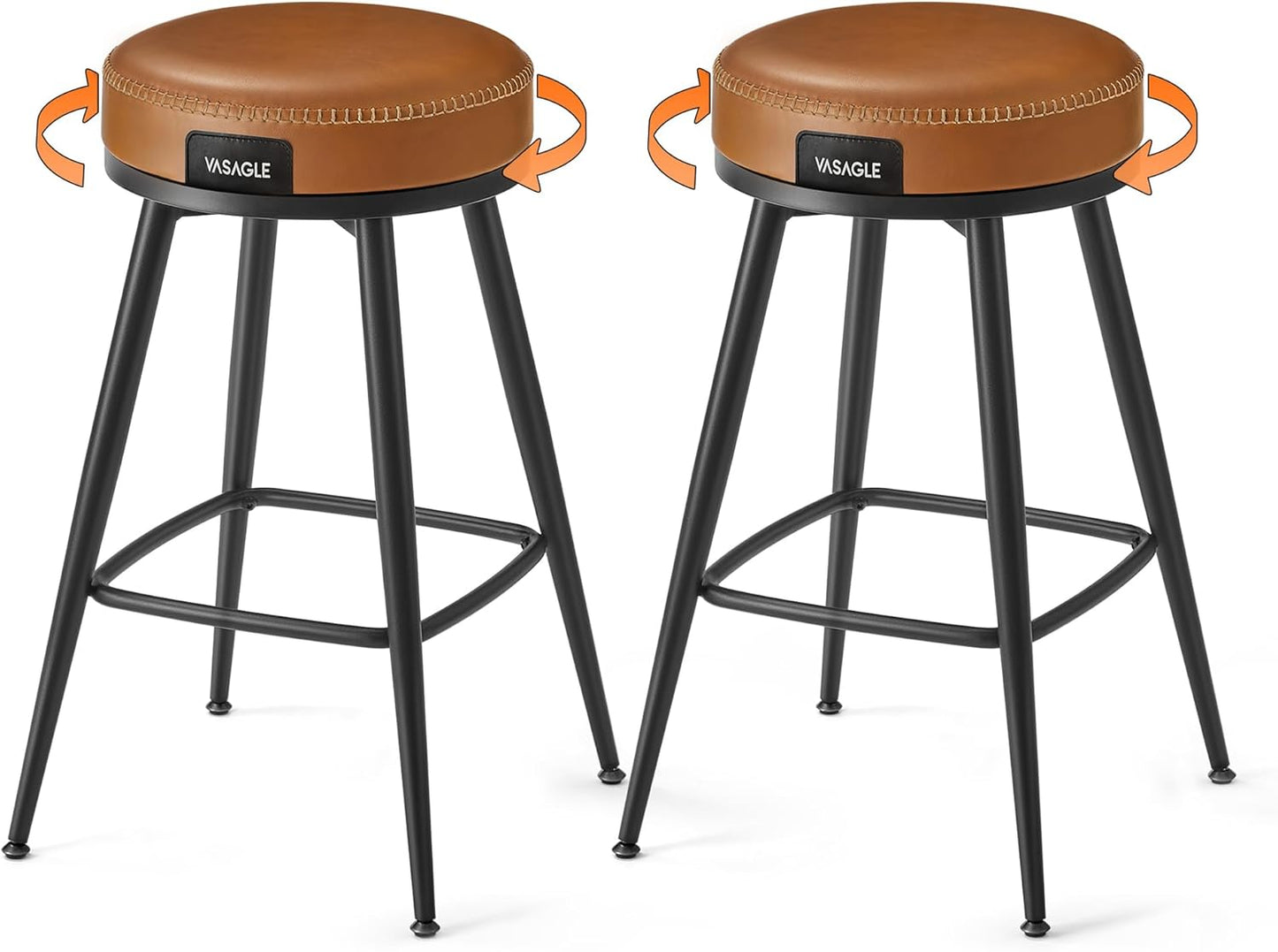 EKHO Collection - Swivel Bar Stools Set of 2, Bar Height Backless Bar Stools, Synthetic Leather with Stitching, Mid-Century Modern, 30-Inch Tall Kitchen Barstools for Home Bar, Caramel Brown