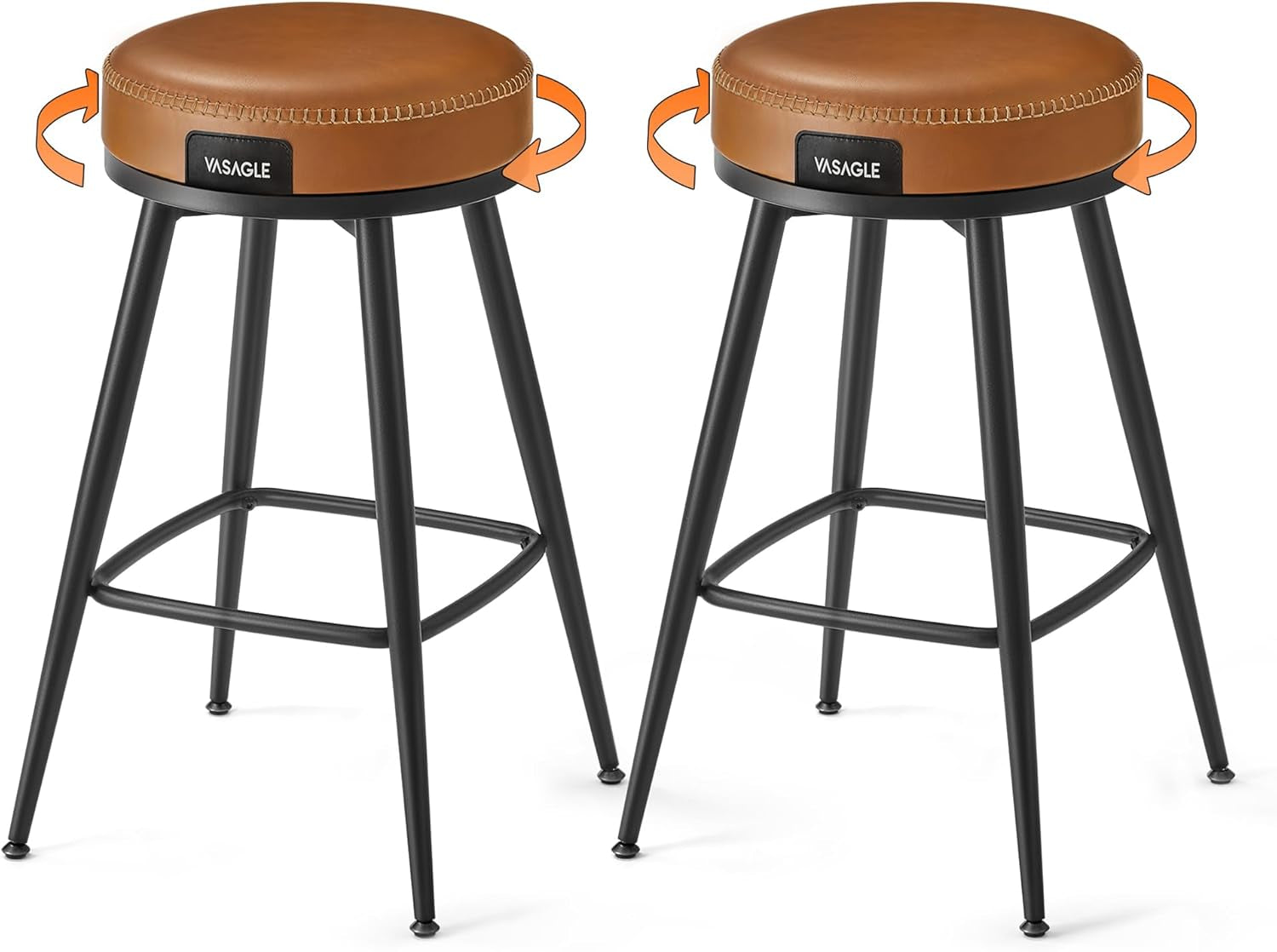 EKHO Collection - Swivel Bar Stools Set of 2, Bar Height Backless Bar Stools, Synthetic Leather with Stitching, Mid-Century Modern, 30-Inch Tall Kitchen Barstools for Home Bar, Caramel Brown