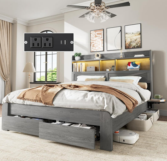 Queen Bed Frame with 2-Tier Storage Headboard, LED Lights, Charging Station, 2 Drawers, 900Lbs Capacity, Wood & Metal Platform, Noise-Free, No Box Spring Needed, Barn Door Design