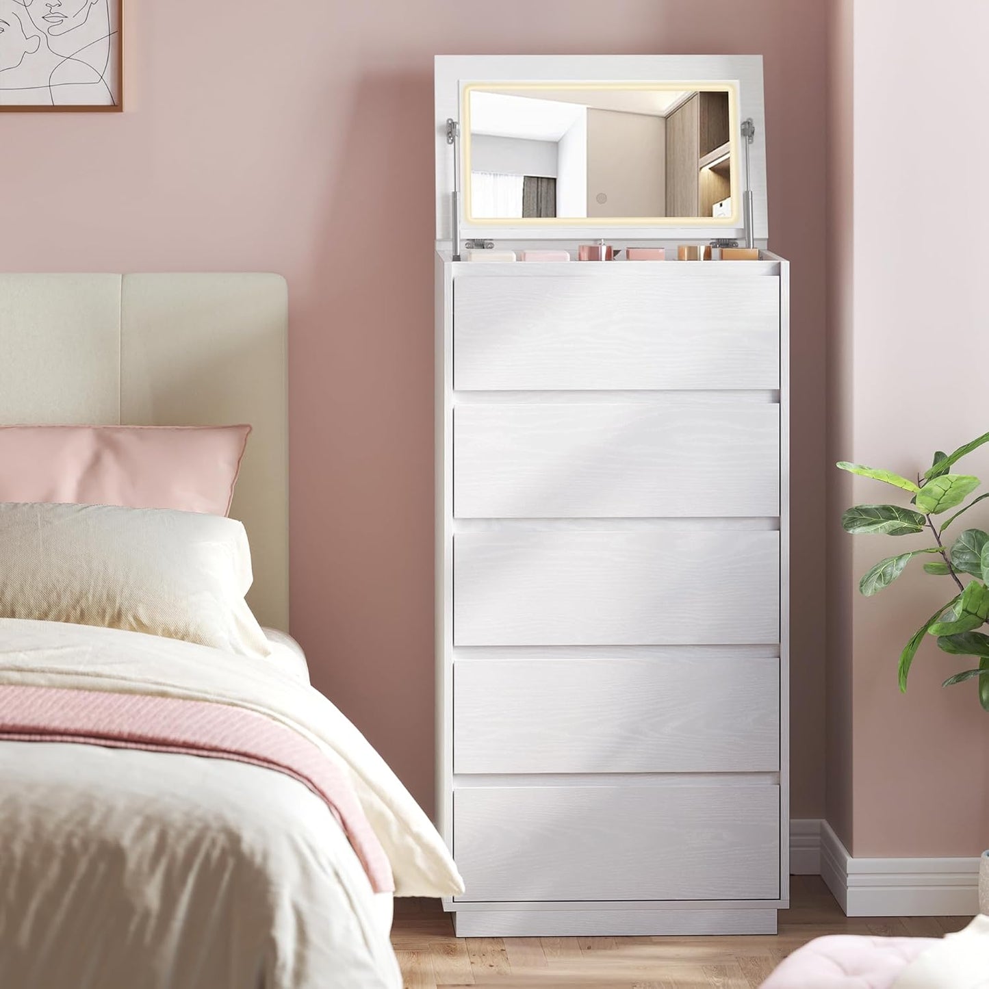 5-Drawer Dresser with Mirror and Lights for Bedroom, Chest of Drawers, Storage Tower Unit, for Closet, Living Room, Entryway, Modern Minimalist Style, Snow White ULTS615W01