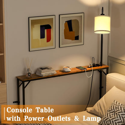 Skinny Console Table with Outlet, Narrow Sofa Table with 3-Color Light, behind Couch Table with 3 Color Temperatures Led Bulb for Living Room, Bedroom, Entryway, Hallway