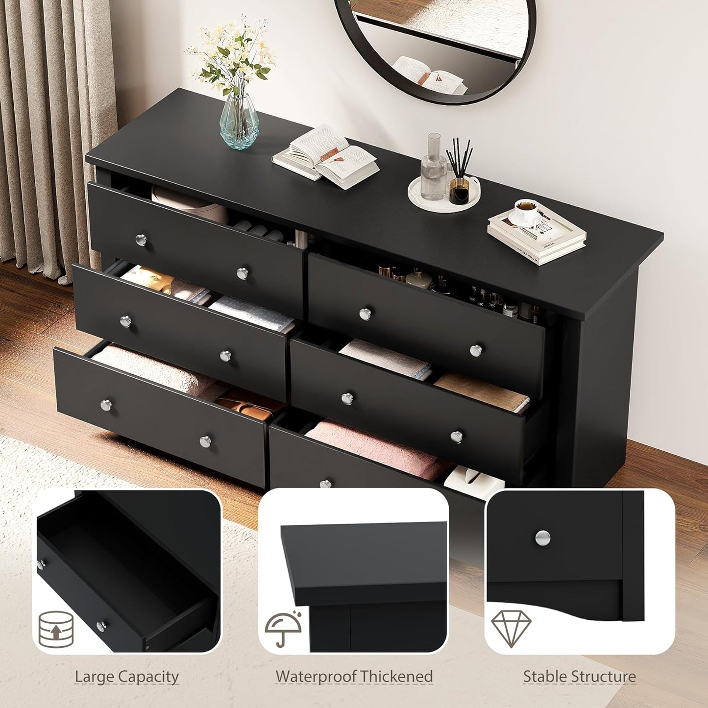 Wood Dresser for Bedroom, Wide Chest of Drawers with 6 Drawers,Storage Tower Unit, Modern Closet Store Organizer for Living Room, Hallway (Black)
