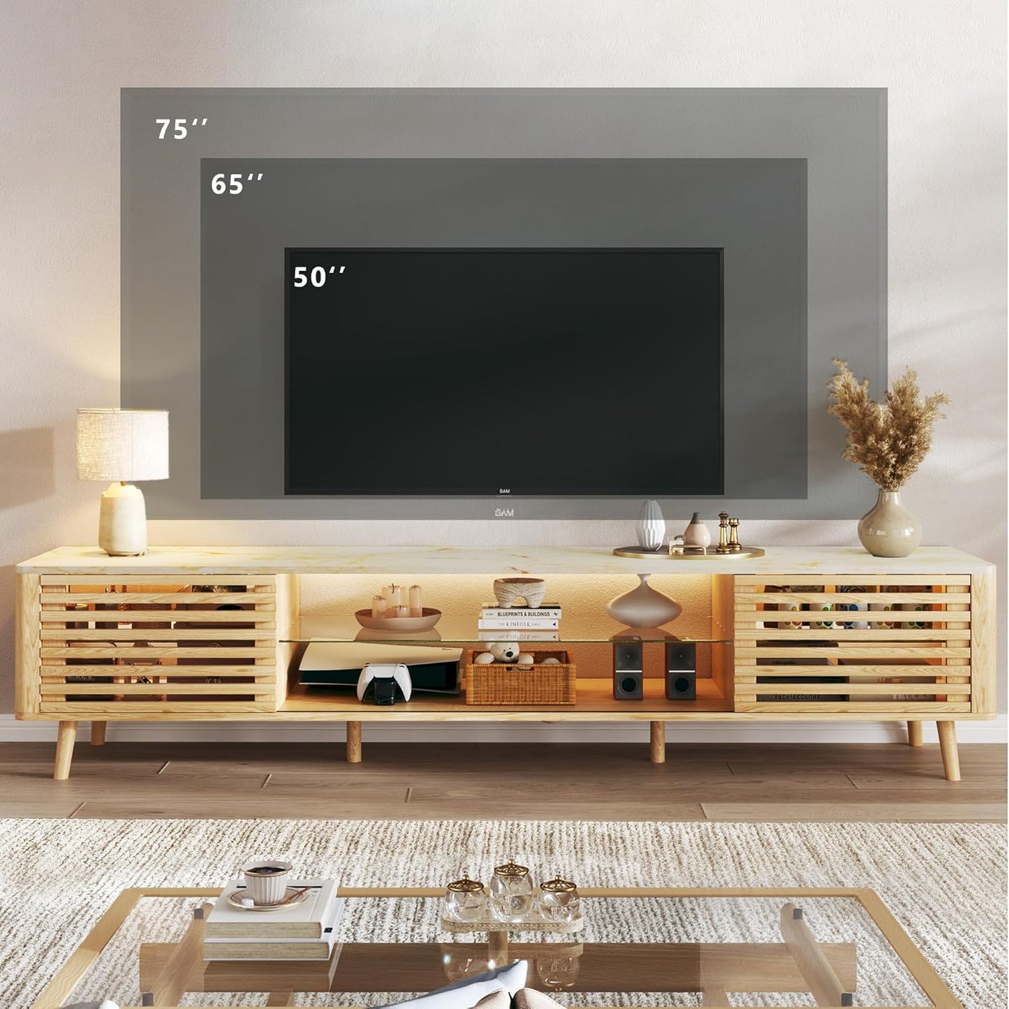 70" TV Stand for 55/65/75 Inch TV, Faux Marble Top Entertainment Center with Slatied Sliding Door & LED Lights, Mid Century Modern Style, Low TV Console with Glass Shelves for Bedroom