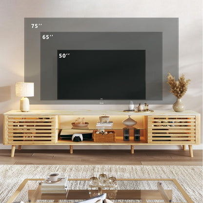 70" TV Stand for 55/65/75 Inch TV, Faux Marble Top Entertainment Center with Slatied Sliding Door & LED Lights, Mid Century Modern Style, Low TV Console with Glass Shelves for Bedroom