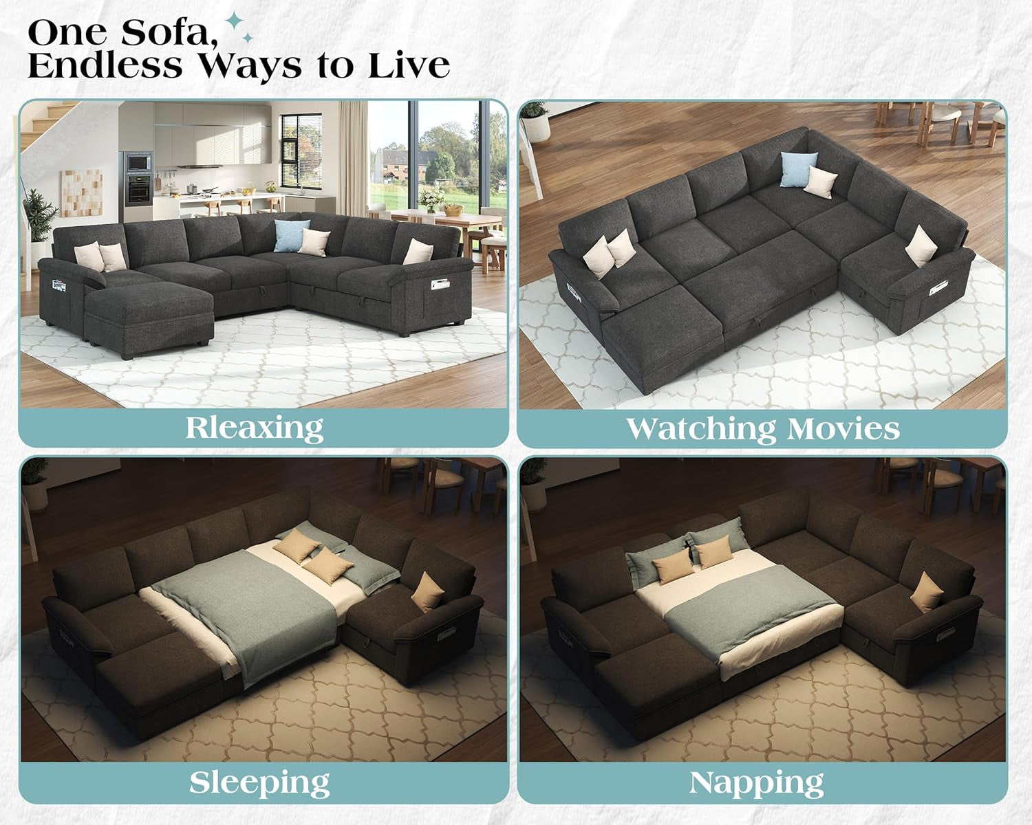105" Sofa Bed, Sectional Sleeper Sofa with Pull Out Bed/Reclining Backrest, Sleeper Couch Bed with Storage, 6 Seater Couch Bed for Living Room, Chenille Dark Gray