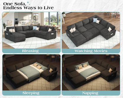 105" Sofa Bed, Sectional Sleeper Sofa with Pull Out Bed/Reclining Backrest, Sleeper Couch Bed with Storage, 6 Seater Couch Bed for Living Room, Chenille Dark Gray