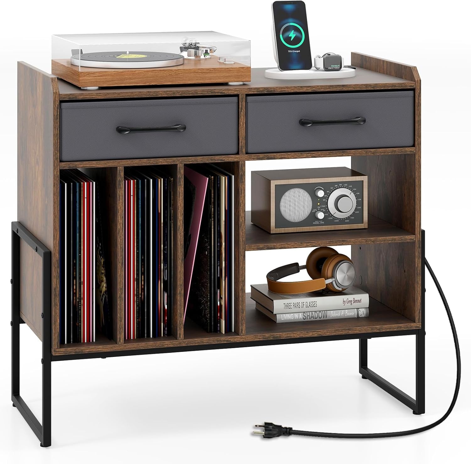 Large Record Player Stand with Charging Station, Modern Turntable Stand W/2 Fabric Drawers & Adjustable Shelf, Record Player Table, Vinyl Record Storage for Living Room (Rustic Brown)