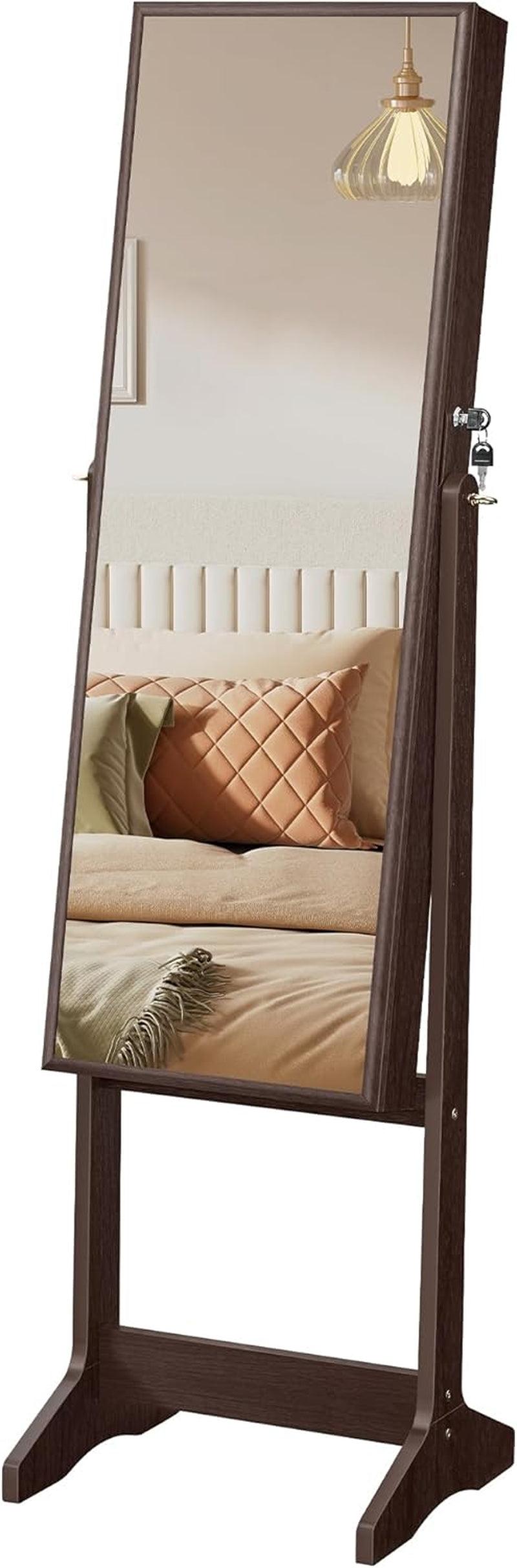 Mirror Jewelry Cabinet Armoire, Standing Full-Length Mirror, Lockable Jewelry Organizer, Gift Idea, Brown Surface and Black Lining UJJC69BR