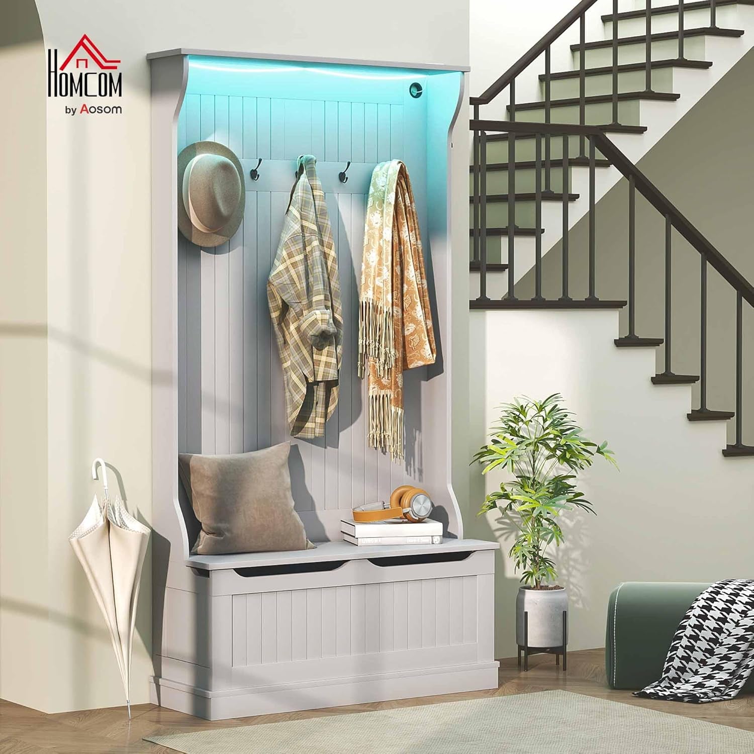 3-In-1 Hall Tree with LED Lights and Shoe Storage, Standing Coat Rack with Shoe Bench, Entryway Furniture with Five Hooks, Gray
